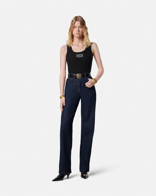 Versace Black Ribbed Stretch Cotton Tank Top