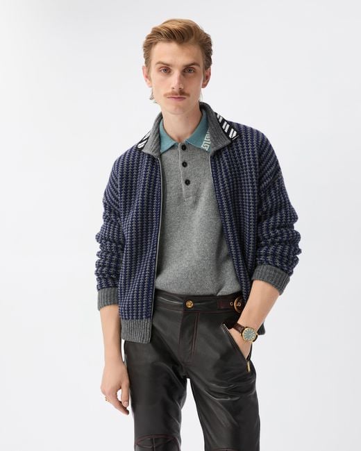 Versace Blue Intarsia Wool Knit Zip Cardigan for men
