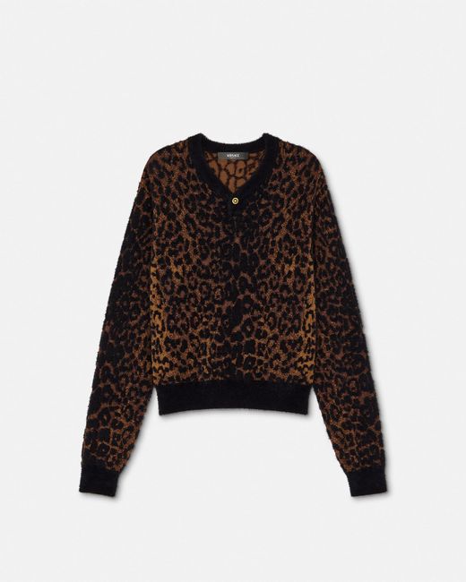 Versace Black Leopard Jacquard Chenille Knit Sweater for men