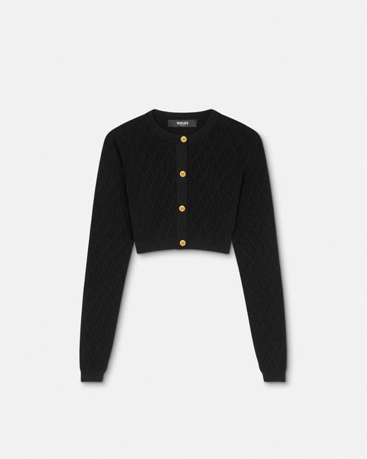 Versace Black V Allover Jacquard Knit Crop Cardigan