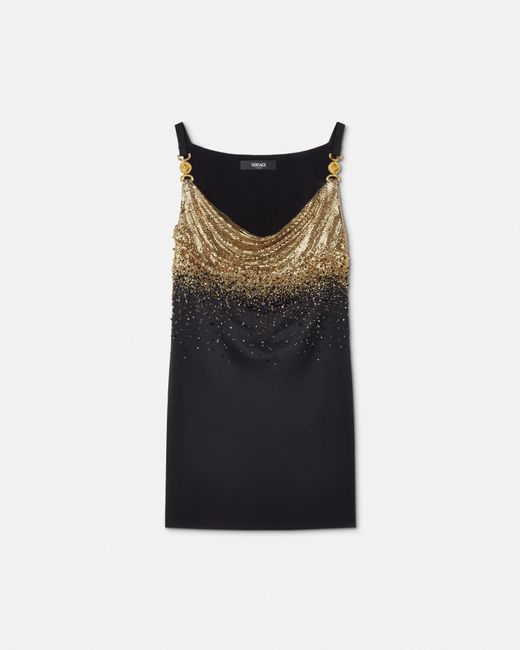 Versace Black Slip-Minikleid Aus Satin Mit Metall-Mesh