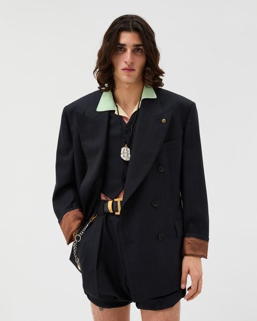 Versace Blue Pinstripe Wool Boxy Blazer for men