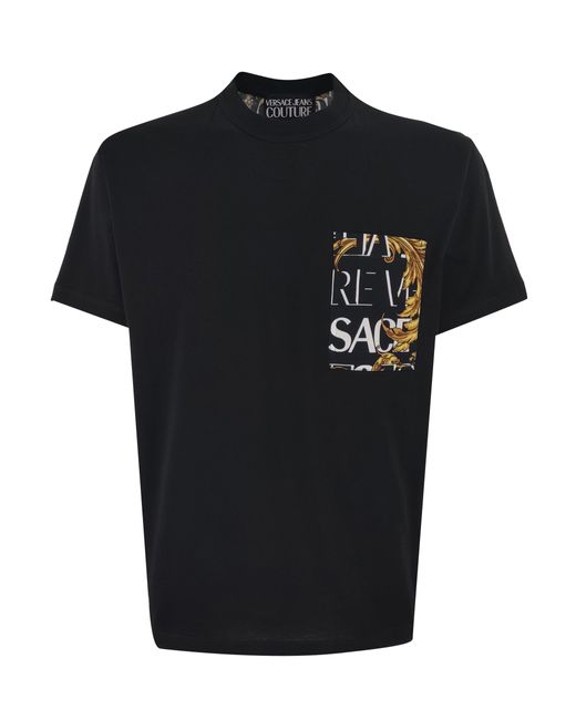 Versace Jeans Couture Denim T-shirt Nera Logo Allover E Damascata Oro ...