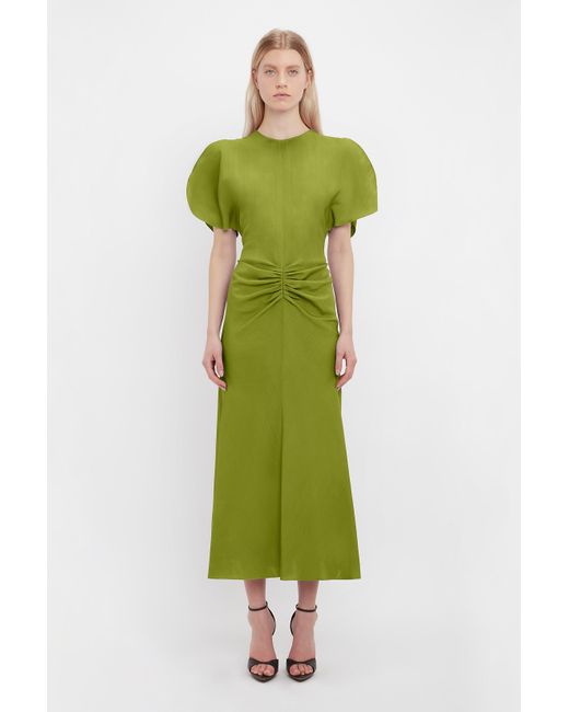 Victoria Beckham Green Gathered Waist Midi Dress