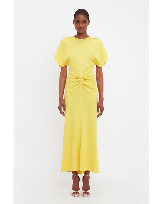 Victoria Beckham Yellow Gathered Waist Midi Dress