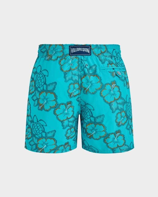 Vilebrequin Blue Swim Shorts Embroidered Hibiscus for men