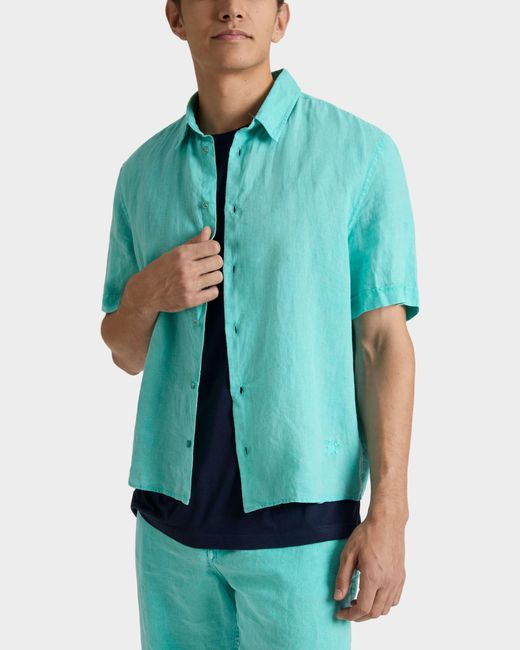 Vilebrequin Blue Mineral Dye Linen Bowling Shirt for men