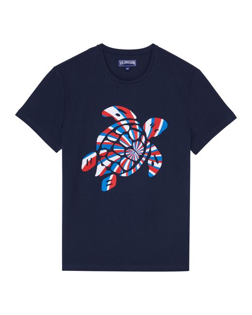 Vilebrequin Blue Organic Cotton T-shirt Placed Embroidered Turtle for men