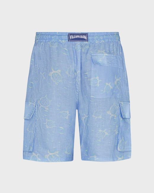 Vilebrequin Blue Linen Bermuda Shorts Bubbles Turtles 3D for men