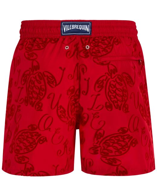 Vilebrequin Flocked Swim Shorts Ultra-light And Packable Ribbons Turtle in Red für Herren