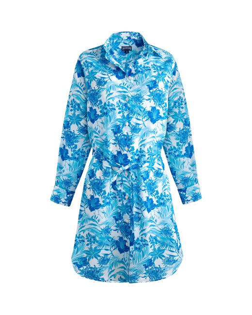 Vilebrequin Blue Cotton Voile Shirt Dress Tahiti Flowers