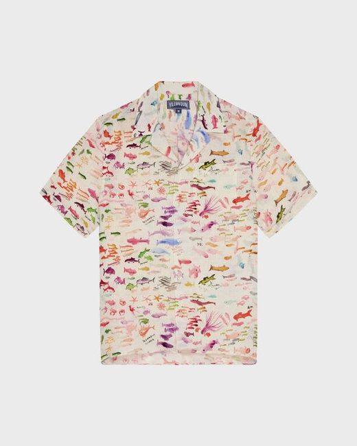 Vilebrequin Pink Linen Bowling Shirt Pescador - X Fabrice Hyber - Shirt - Charli - White - Size M for men