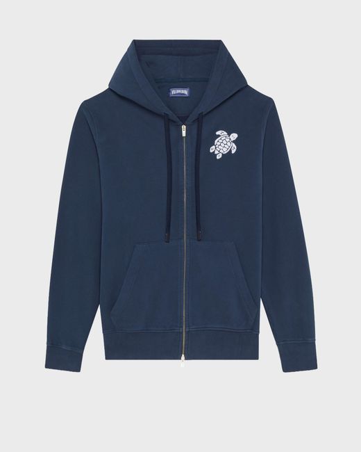 Vilebrequin Blue Cotton Full Zip Hoodie Big Turtle Embroidery for men