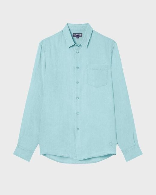 Vilebrequin Blue Linen Shirt Solid for men