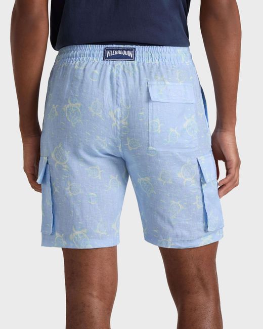Vilebrequin Blue Linen Bermuda Shorts Bubbles Turtles 3D for men