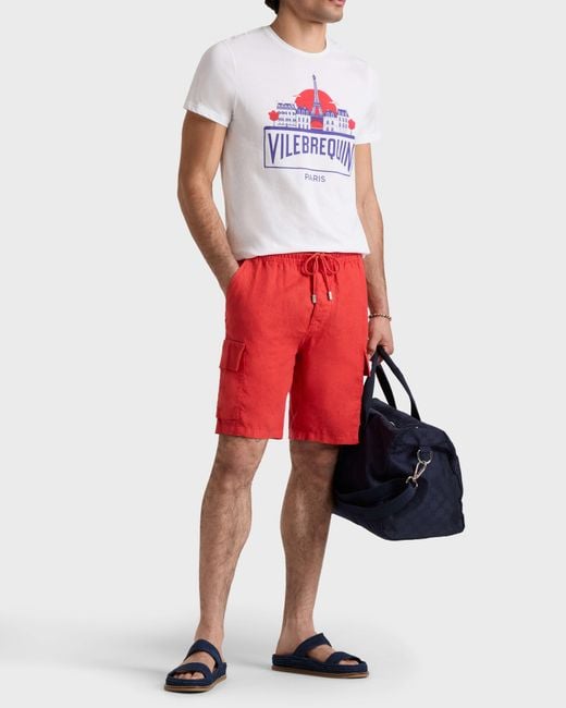 Vilebrequin Red Linen Bermuda Shorts Cargo Pockets for men