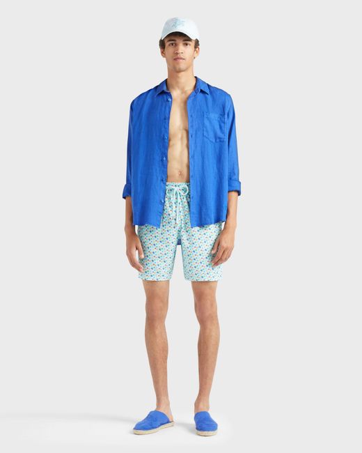 Vilebrequin Blue Long Stretch Swim Trunks Micro Ronde Des Tortues Rainbow for men