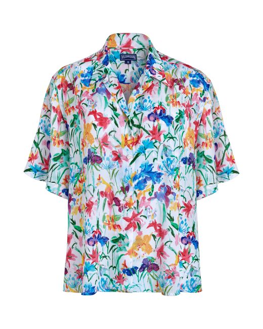 Vilebrequin Blue Viscose Bowling Shirt Happy Flowers