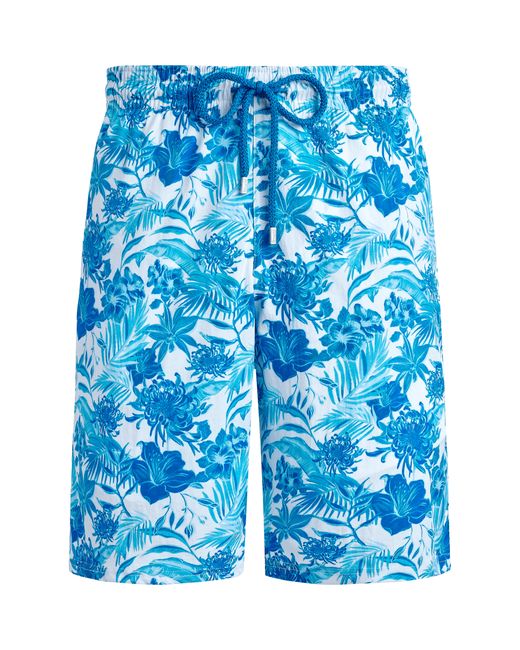 Vilebrequin Blue Long Stretch Swim Trunks Tahiti Flowers for men