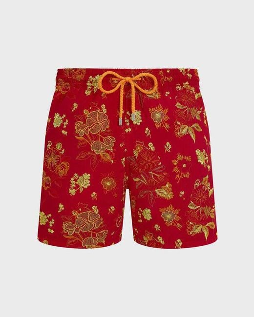 Vilebrequin Swim Shorts Embroidered Flowers - Limited Edition - Mdb - Mistral - Red - Size S for men