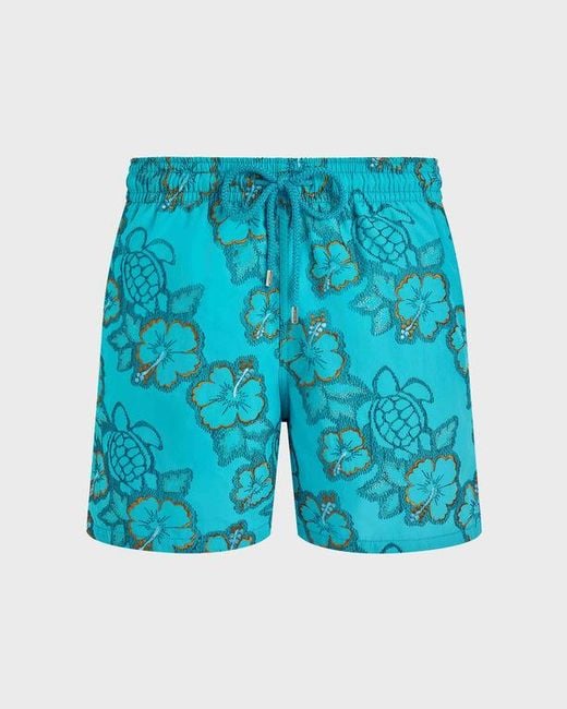 Vilebrequin Blue Swim Shorts Embroidered Hibiscus for men