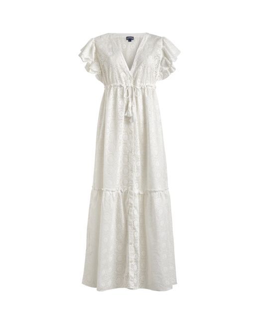 Vilebrequin White Langes Broderies Anglaises Damenkleid Aus Baumwolle