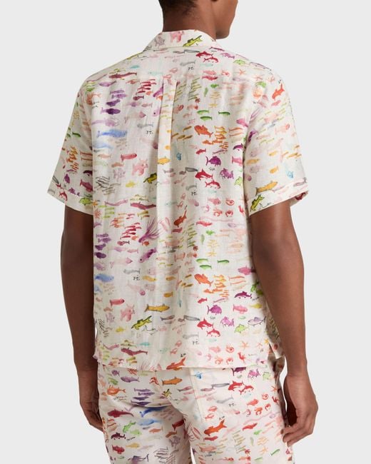 Vilebrequin Pink Linen Bowling Shirt Pescador - X Fabrice Hyber - Shirt - Charli - White - Size M for men
