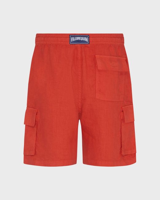 Vilebrequin Red Linen Bermuda Shorts Cargo Pockets for men