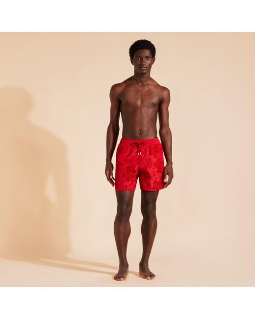 Vilebrequin Flocked Swim Shorts Ultra-light And Packable Ribbons Turtle in Red für Herren