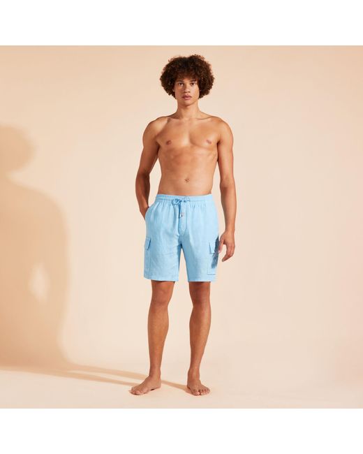 Vilebrequin Blue Linen Bermuda Shorts Cargo Pockets for men