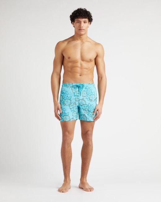 Vilebrequin Blue Swim Shorts Embroidered Hibiscus for men
