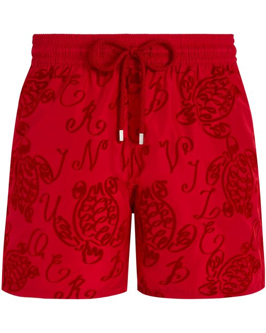 Vilebrequin Flocked Swim Shorts Ultra-light And Packable Ribbons Turtle in Red für Herren