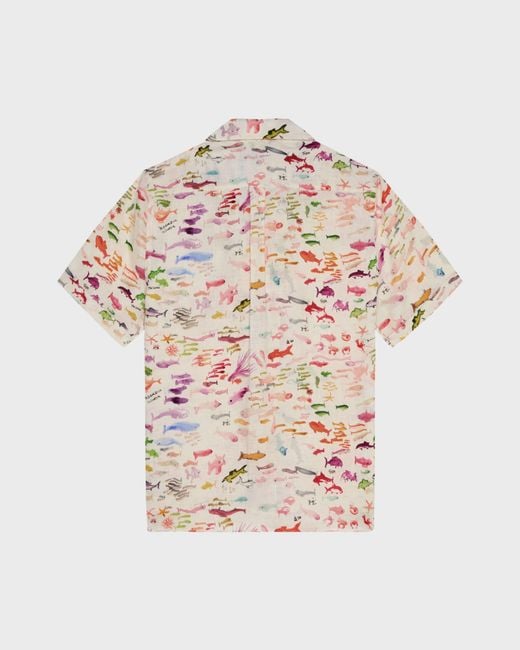 Vilebrequin Pink Linen Bowling Shirt Pescador - X Fabrice Hyber - Shirt - Charli - White - Size M for men