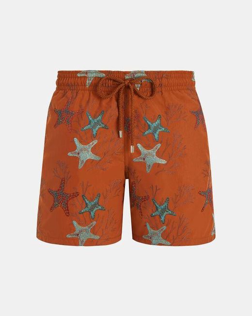 Vilebrequin Orange Swim Shorts Embroidered Glowed Stars for men