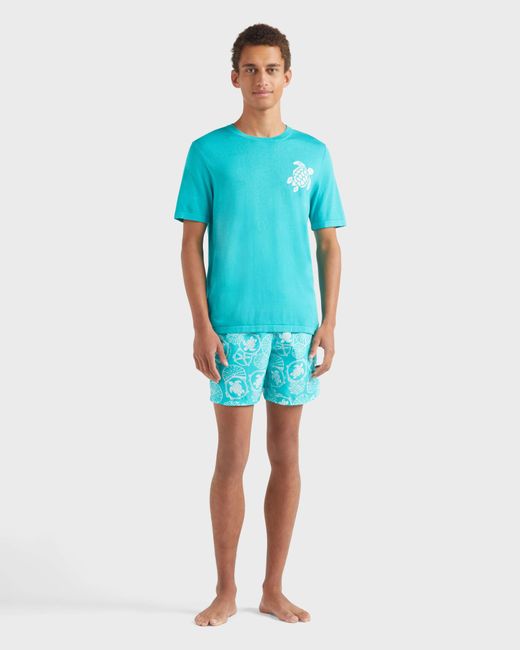 Vilebrequin Blue Cotton T-Shirt Jacquard Turtle for men