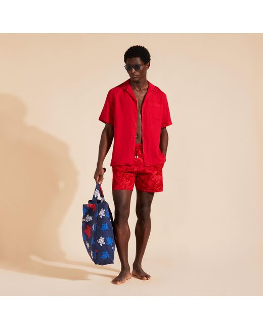 Vilebrequin Flocked Swim Shorts Ultra-light And Packable Ribbons Turtle in Red für Herren