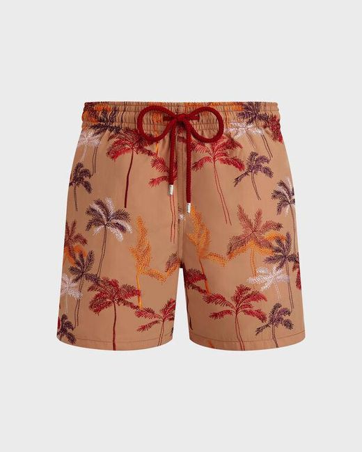Vilebrequin Orange Swim Shorts Embroidered Palm Offset for men