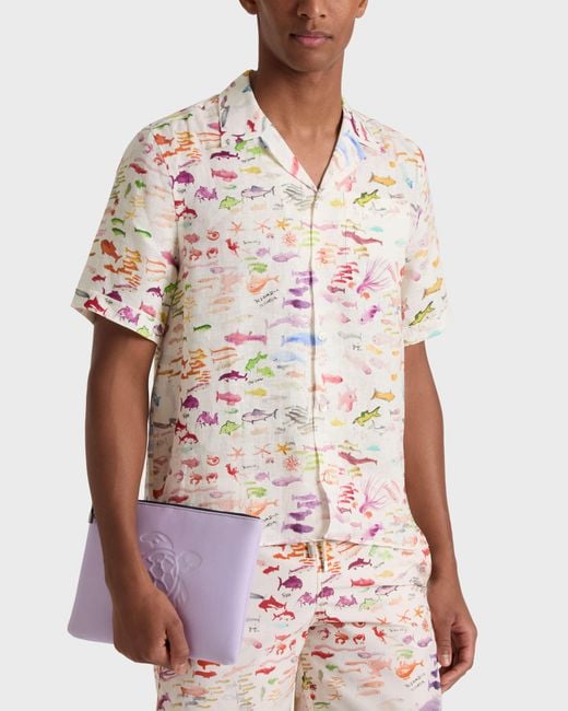 Vilebrequin Pink Linen Bowling Shirt Pescador - X Fabrice Hyber - Shirt - Charli - White - Size M for men