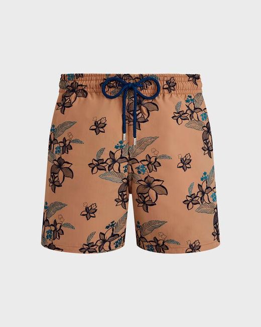 Vilebrequin Brown Swim Shorts Embroidered Flowers Power for men