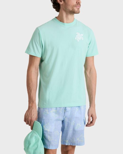 Vilebrequin Blue Organic Cotton T-Shirt Big Turtle Embroidery for men