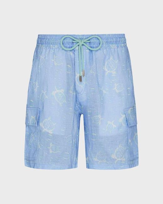 Vilebrequin Blue Linen Bermuda Shorts Bubbles Turtles 3D for men