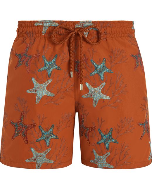 Vilebrequin Orange Swim Shorts Embroidered Glowed Stars for men