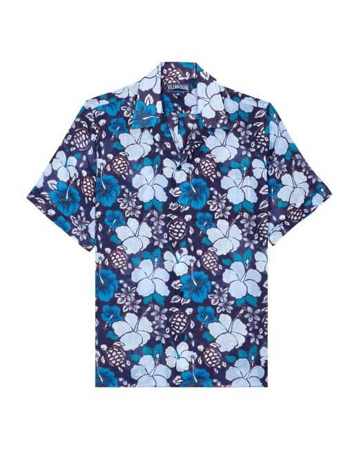 Vilebrequin Blue Bowling Ramie Shirt Tropical Turtles for men