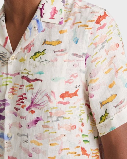 Vilebrequin Pink Linen Bowling Shirt Pescador - X Fabrice Hyber - Shirt - Charli - White - Size M for men