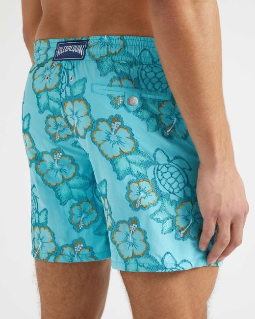 Vilebrequin Blue Swim Shorts Embroidered Hibiscus for men