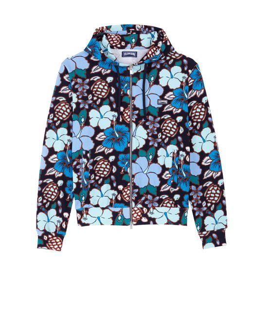Vilebrequin Blue Cotton Full Zip Hooded Sweatshirt Tropical Turtles for men