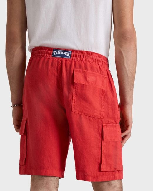 Vilebrequin Red Linen Bermuda Shorts Cargo Pockets for men
