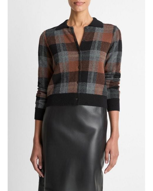 Vince Black Checked Plaid Cashmere Polo Cardigan