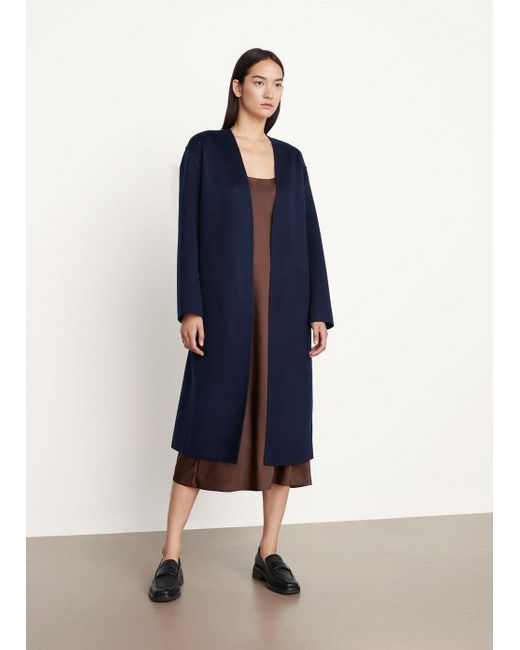 Vince Blue Belted Collarless Coat In Wool Cashmere