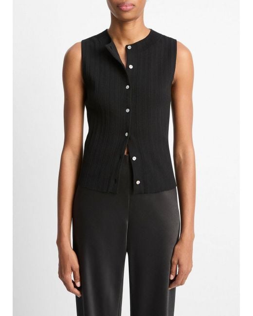 Vince Black Ribbed Italian Cotton-Blend Button-Front Sweater Shell
